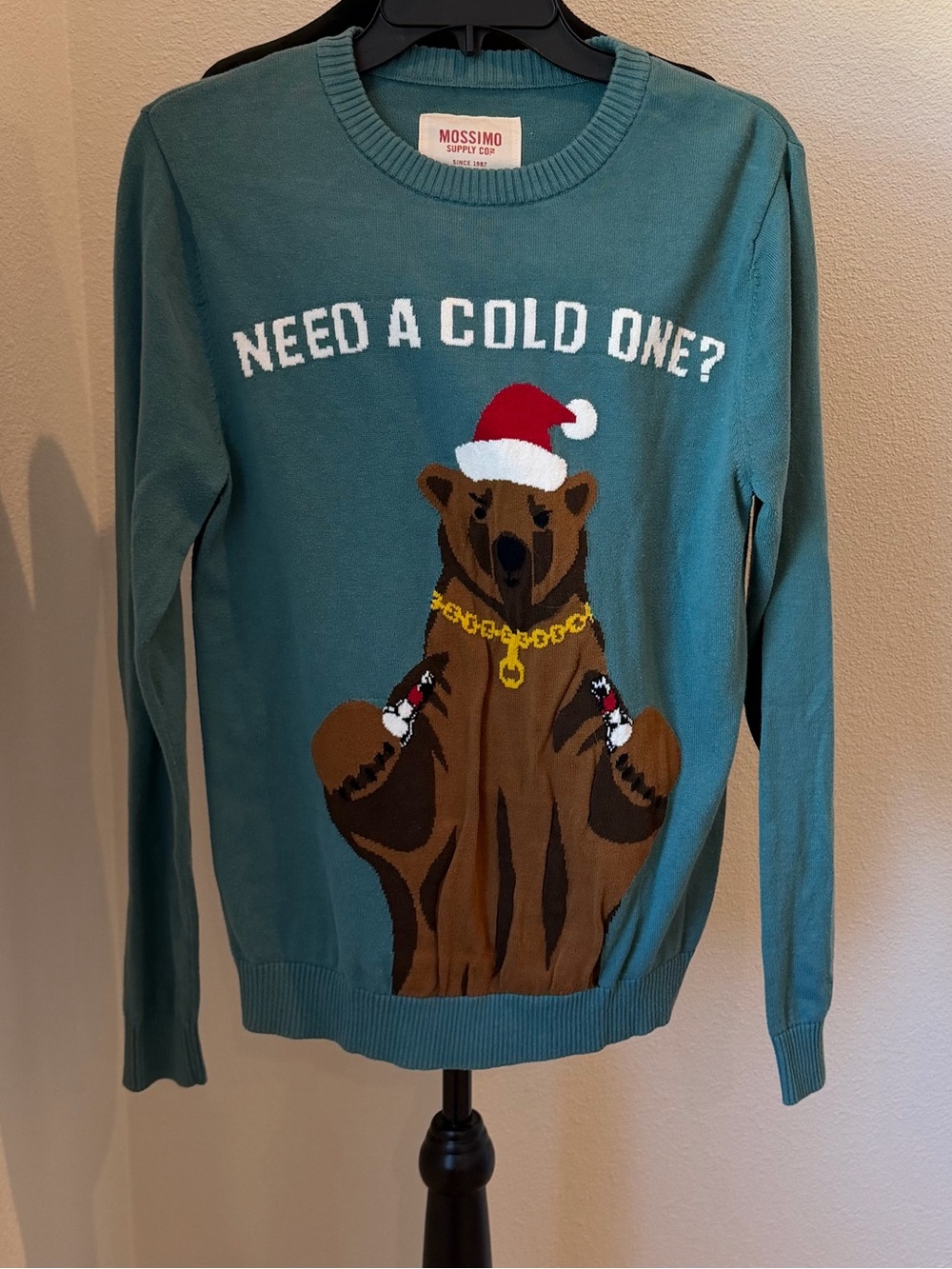 Mossimo Teal "Need a Cold One?" Bear Graphic Mens Christmas Ugly Sweater M